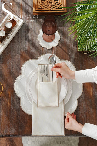 Floria Cappuccino Design Placemat Set - Waterproof Fabric - 6 Persons - 24 Pcs. Full Set