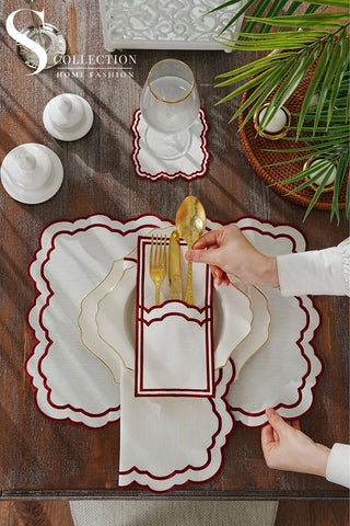 Gabriel Burgundy Design Placemat Set - Waterproof Fabric - 6 Persons - 24 Pcs. Full Set