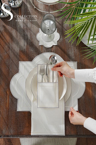 Milan Silver and Off White Design Placemat Set - Waterproof Fabric - 6 Persons - 24 Pcs. Full Set
