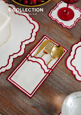 Gabriel Burgundy Design Placemat Set - Waterproof Fabric - 6 Persons - 24 Pcs. Full Set