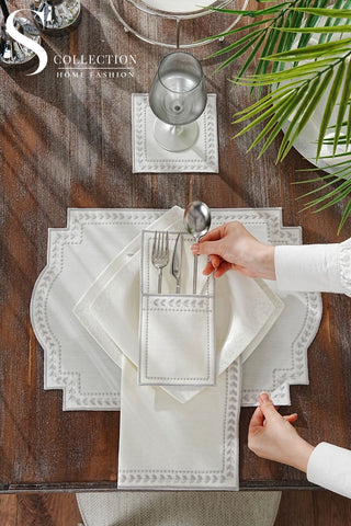 Donna Wreath Silver Design Placemat Set - Waterproof Fabric - 6 Persons - 24 Pcs. Full Set