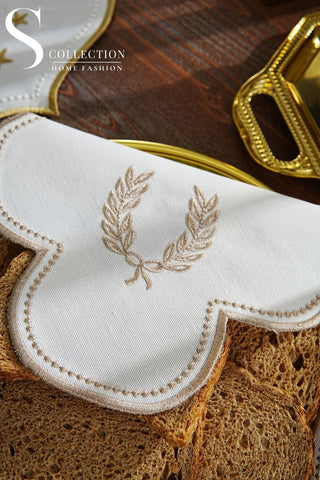 Laurel Wreath Design Bread Basket Napkin - Waterproof Fabric - Cappucino Embroidered