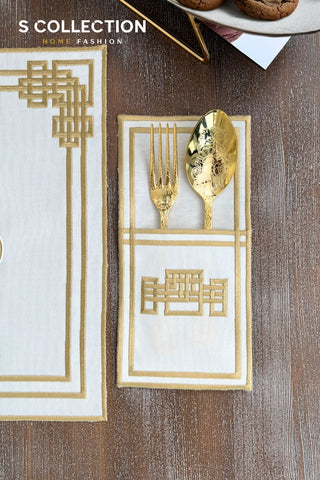 Pyramid Design Gold Placemat Set - Waterproof Fabric - 6 Persons - 24 Pcs. Full Set