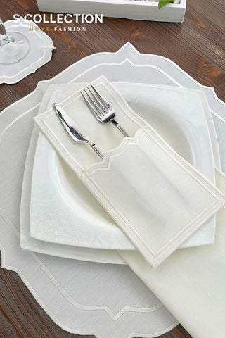 Amelia Off White Design Placemat Set - Waterproof Fabric - 6 Persons - 24 Pcs. Full Set