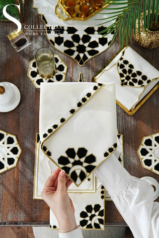 Ramadan Dome Design Black and Gold Full Placemat Set - With Bread Basket Napkin and Runner - 6 Persons - 26 Pcs.