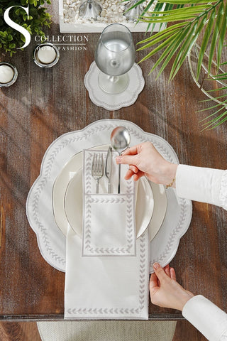 Leafy Allure Silver Design Placemat Set - Waterproof Fabric - 6 Persons - 24 Pcs. Full Set