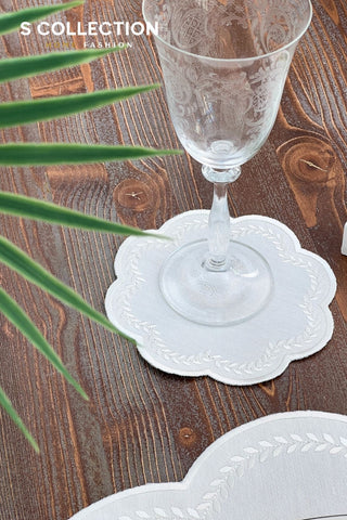 Leafy Allure Off White Design Placemat Set - Waterproof Fabric - 6 Persons - 24 Pcs. Full Set