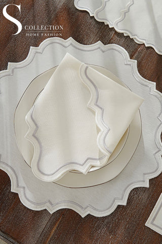 Camila Silver and Off White Design Placemat Set - Waterproof Fabric - 6 Persons - 24 Pcs. Full Set