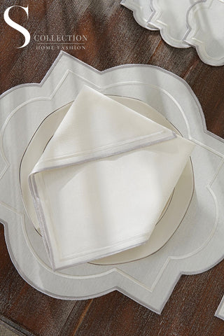 Milan Silver and Off White Design Placemat Set - Waterproof Fabric - 6 Persons - 24 Pcs. Full Set