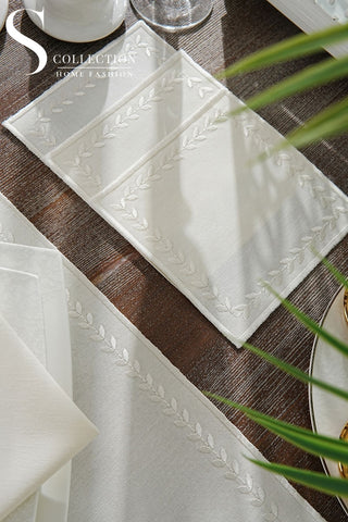 Leafy Allure Cornered Off White Design Placemat Set - Waterproof Fabric - 6 Persons - 24 Pcs. Full Set