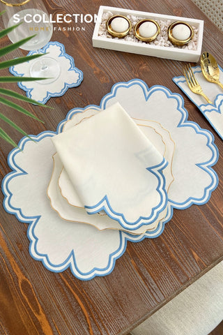 Cloud Design Light Blue Placemat Set - Waterproof Fabric - 6 Persons - 24 Pcs. Full Set