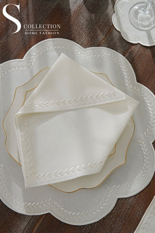 Leafy Allure Off White Design Placemat Set - Waterproof Fabric - 6 Persons - 24 Pcs. Full Set