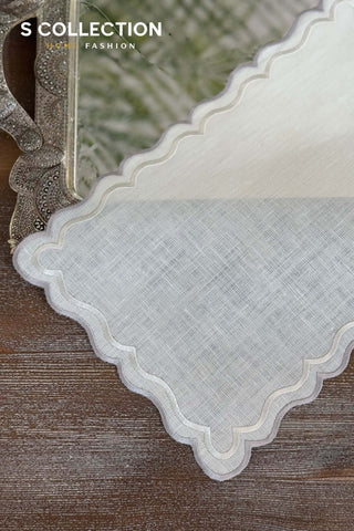 Vera Design Tray Cover - %100 Linen Fabric - Silver - Off White Embroidered