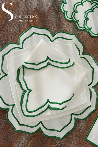 طقم مفارش سفرة - تصميم فاليرا - تطريز اخضر - قماش مقاوم للماء - ٦ اشخاص - ٢٤ قطعة - طقم كامل  