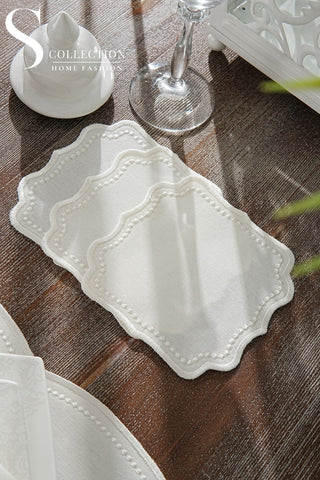 Alice Off White Design Placemat Set - Waterproof Fabric - 6 Persons - 24 Pcs. Full Set