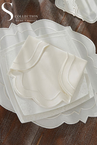 Clara Off White Design Placemat Set - Waterproof Fabric - 6 Persons - 24 Pcs. Full Set