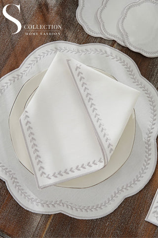 Leafy Allure Silver Design Placemat Set - Waterproof Fabric - 6 Persons - 24 Pcs. Full Set