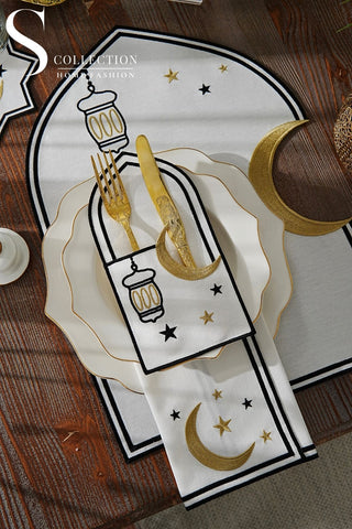 Ramadan Qamar Design Black and Gold Placemat Set - Waterproof Fabric - 6 Persons - 24 Pcs. Full Set