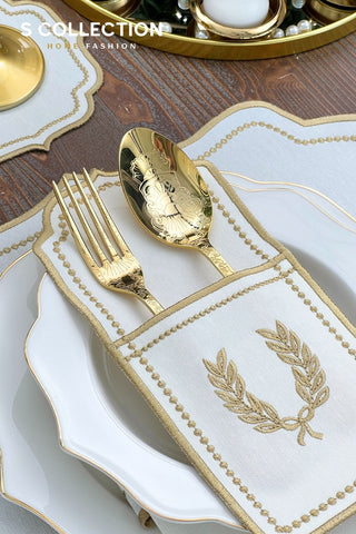 Laurel Wreath Gold Design Placemat Set - Waterproof Fabric - 6 Persons - 24 Pcs. Full Set