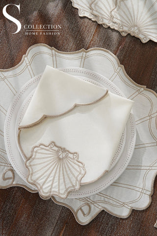 طقم مفارش سفرة - تصميم مارين - تطريز بنى فاتح (كابتشينو) - قماش مقاوم للماء - ٦ اشخاص - ٢٤ قطعة - طقم كامل  