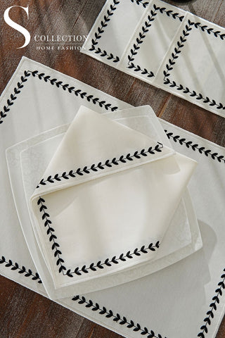 Leafy Allure Cornered Black Design Placemat Set - Waterproof Fabric - 6 Persons - 24 Pcs. Full Set