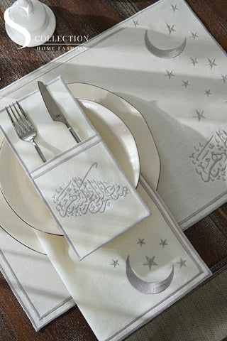 Ramadan Design Silver Stellar Serenity Full Placemat Set - With Bread Basket Napkin and Runner - 6 Persons - 26 Pcs.