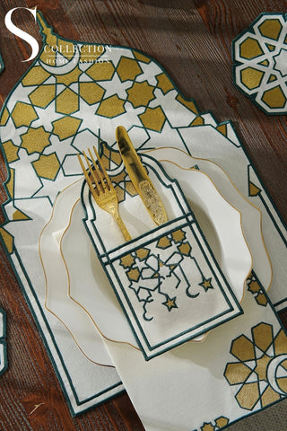 طقم مفارش سفرة - تصميم قبة رمضان - تطريز أخضر و ذهبى -  قماش مقاوم للماء -  ٦ أشخاص - ٢٤ قطعة - طقم كامل