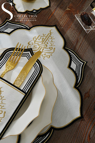 طقم مفارش سفرة - تصميم نجمه رمضان - تطريز ذهبى واسود -  قماش مقاوم للماء -  ٦ أشخاص - ٢٤ قطعة - طقم كامل