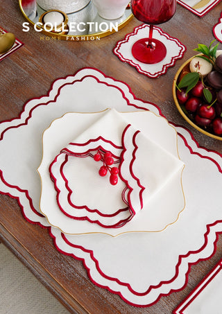 Gabriel Burgundy Design Placemat Set - Waterproof Fabric - 6 Persons - 24 Pcs. Full Set