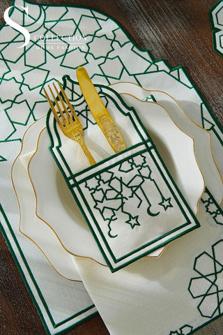 Ramadan Dome Design Green and Off White Full Placemat Set - With Bread Basket Napkin and Runner - 6 Persons - 26 Pcs.