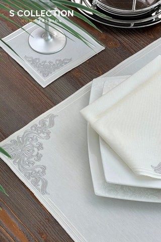 Evelyn Silver Design Placemat Set - Waterproof Fabric - 6 Persons - 24 Pcs. Full Set