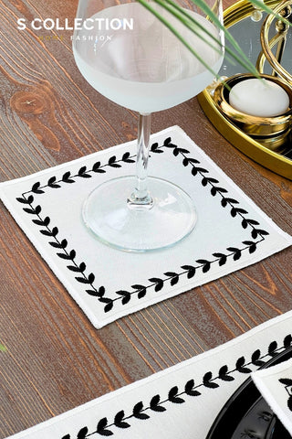 Leafy Allure Cornered Black Design Placemat Set - Waterproof Fabric - 6 Persons - 24 Pcs. Full Set