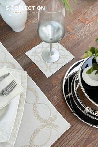 Olive Branch Shine Silver Design Placemat Set - Waterproof Fabric - 6 Persons - 24 Pcs. Full Set