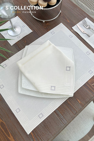 Tuscan Off White and Silver Design Placemat Set - 6 Persons - Waterproof Fabric - 24 Pcs. Full Set