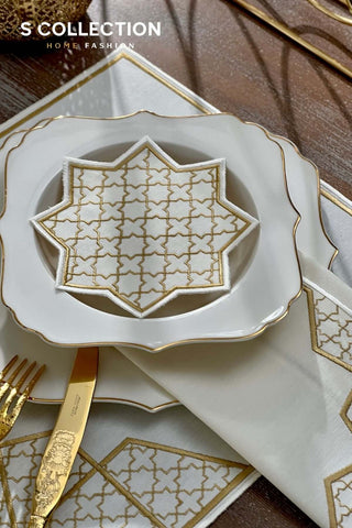 Rimal Gold Design Placemat Set - Waterproof Fabric - 6 Persons - 18 Pcs. Full Set