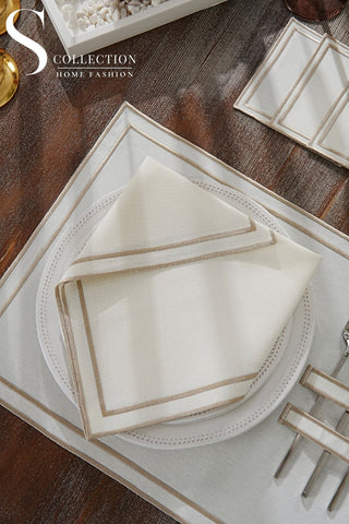 طقم مفارش سفرة - تصميم دورا - تطريز بني فاتح (كابتشينو) - قماش مقاوم للماء - ٦ اشخاص - ١٨ قطعة - طقم كامل  