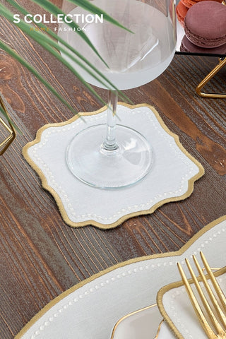 Alice Gold and Off White Design Placemat Set - Waterproof Fabric - 6 Persons - 24 Pcs. Full Set