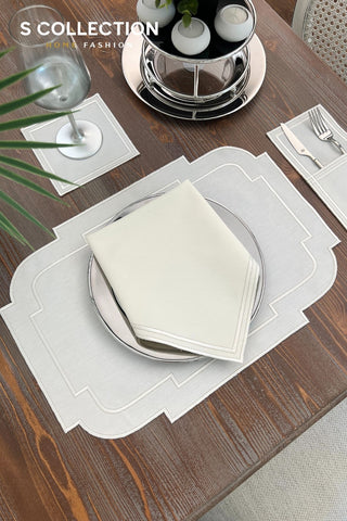 Nova Belle Design Off White and Shine Silver Placemat Set - Waterproof Fabric - 6 Persons - 24 Pcs. Full Set