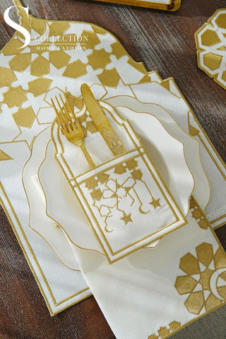 طقم مفارش سفرة كامل - تصميم قبة رمضان - مع منديل سلة الخبز ورانر - تطريز ذهبي - ٦ أشخاص - ٢٦ قطعة