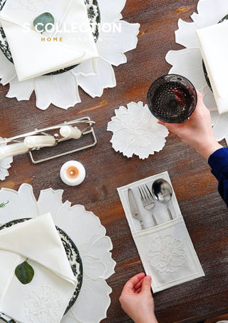 طقم مفارش سفرة - تصميم  إلويس - تطريز اوف وايت - قماش مقاوم للماء - ٦ اشخاص - ٢٤ قطعة - طقم كامل  