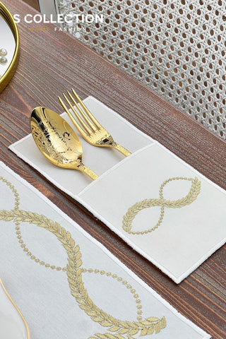 Olive Branch Gold Design Placemat Set - Waterproof Fabric - 6 Persons - 24 Pcs. Full Set