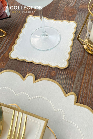 Tansy Gold and Off White Design Placemat Set - Waterproof Fabric - 6 Persons - 24 Pcs. Full Set