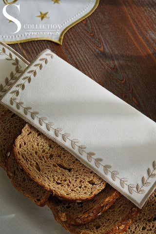Leafy Allure Design Bread Basket Napkin - Waterproof Fabric - Cappuccino Embroidered