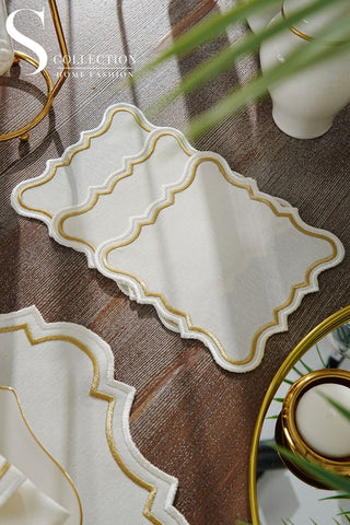 Camila Gold and Off White Design Placemat Set - Waterproof Fabric - 6 Persons - 24 Pcs. Full Set