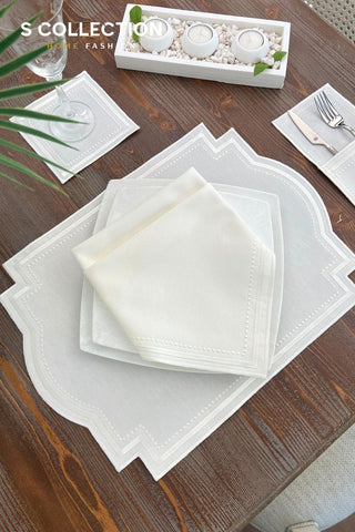 Graceful Off White Design Placemat Set - Waterproof Fabric - 6 Persons - 24 Pcs. Full Set