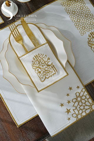 Ramadan Design Gold Chic Full Placemat Set - With Bread Basket Napkin and Runner - 6 Persons - 26 Pcs.