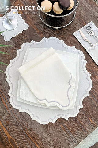 Camila Silver and Off White Design Placemat Set - Waterproof Fabric - 6 Persons - 24 Pcs. Full Set