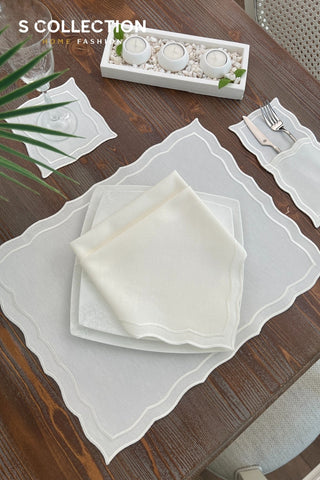 Leo Off White Design Placemat Set - Waterproof Fabric - 6 Persons - 24 Pcs. Full Set