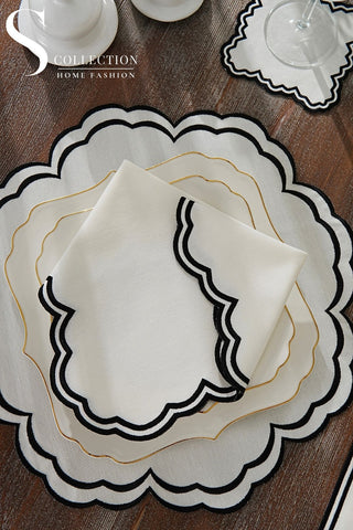 طقم مفارش سفرة - تصميم جوري - تطريز أسود - قماش مقاوم للماء - ٦ اشخاص - ٢٤ قطعة - طقم كامل  