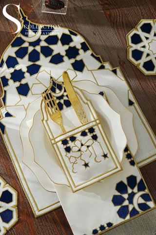 طقم مفارش سفرة - تصميم قبة رمضان - تطريز أزرق وذهبى -  قماش مقاوم للماء -  ٦ أشخاص - ٢٤ قطعة - طقم كامل